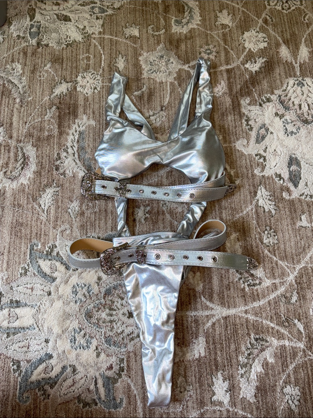 Silver Metallic Bikini Set with Decorative Buckles